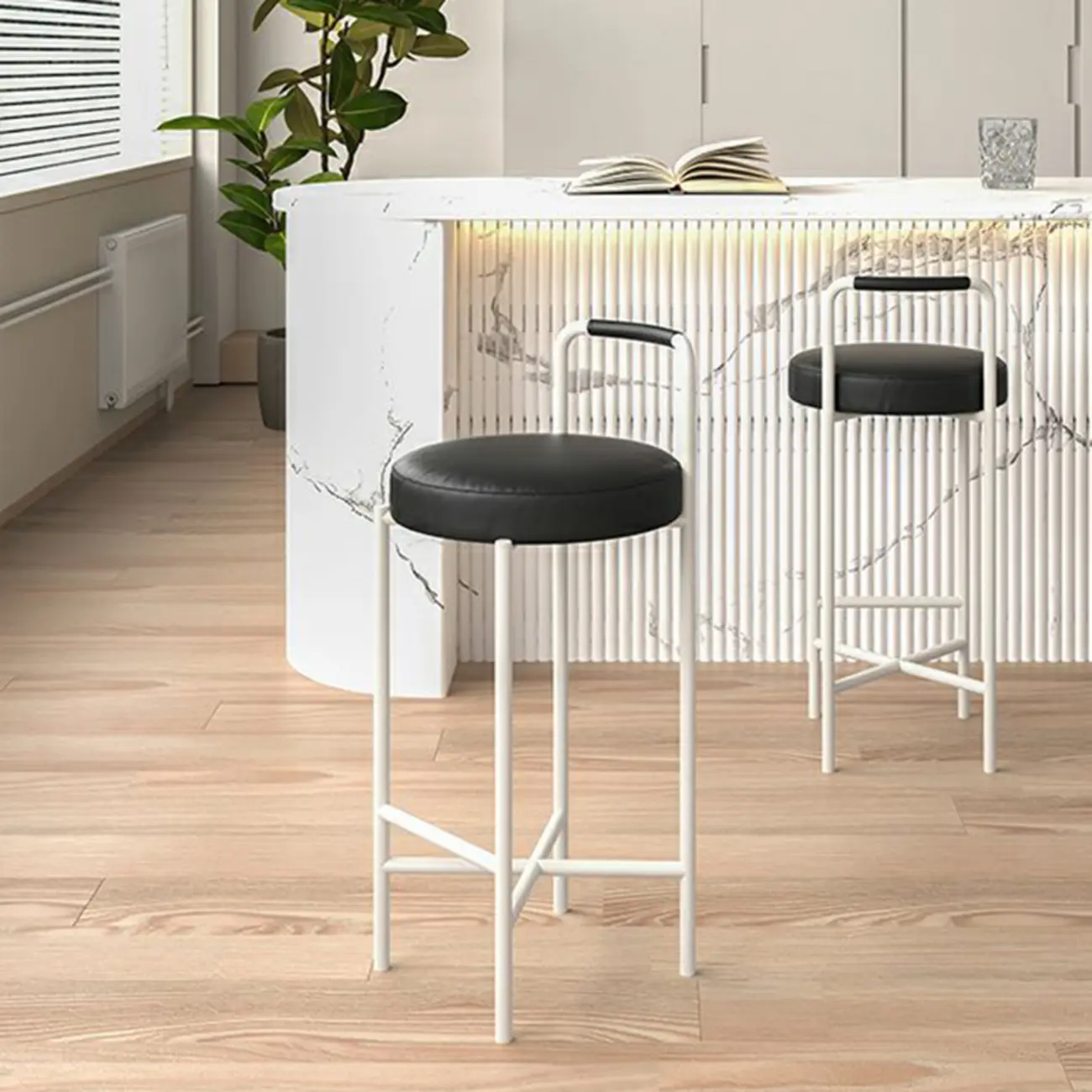 Round Black Faux Leather Bar Stool with Footrest Image - 13 | homeyfad