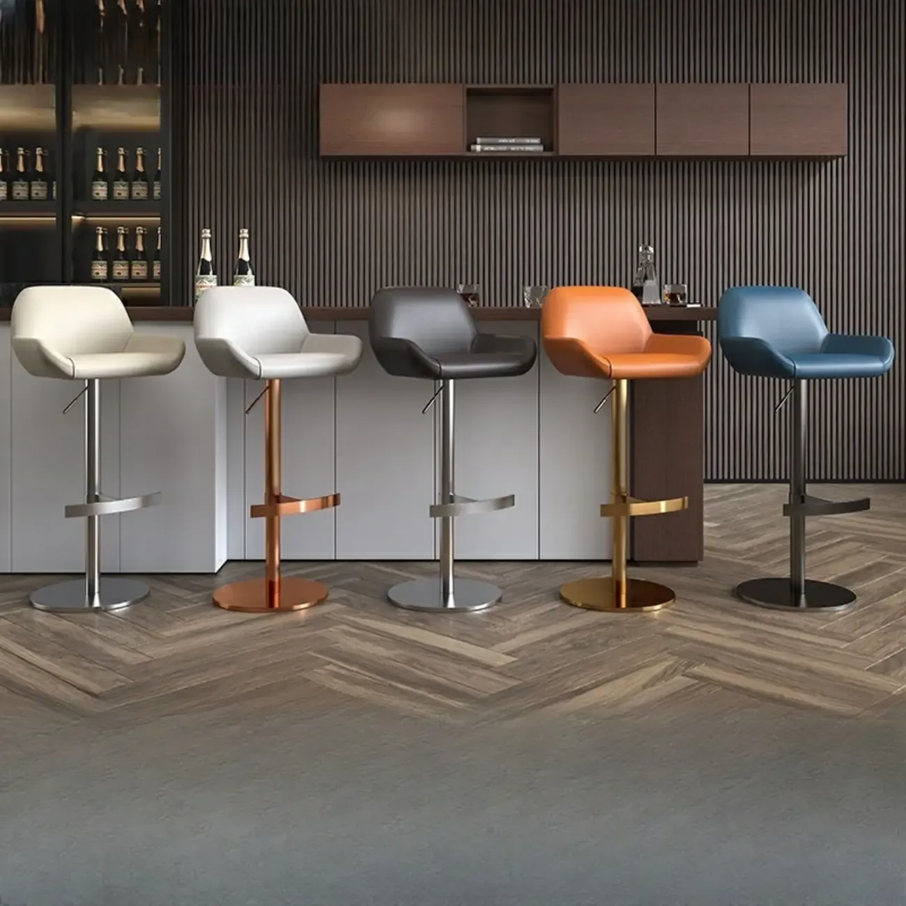 Minimalist Leather Swivel Bar Stools with Low Back for Kitchen Image - 7