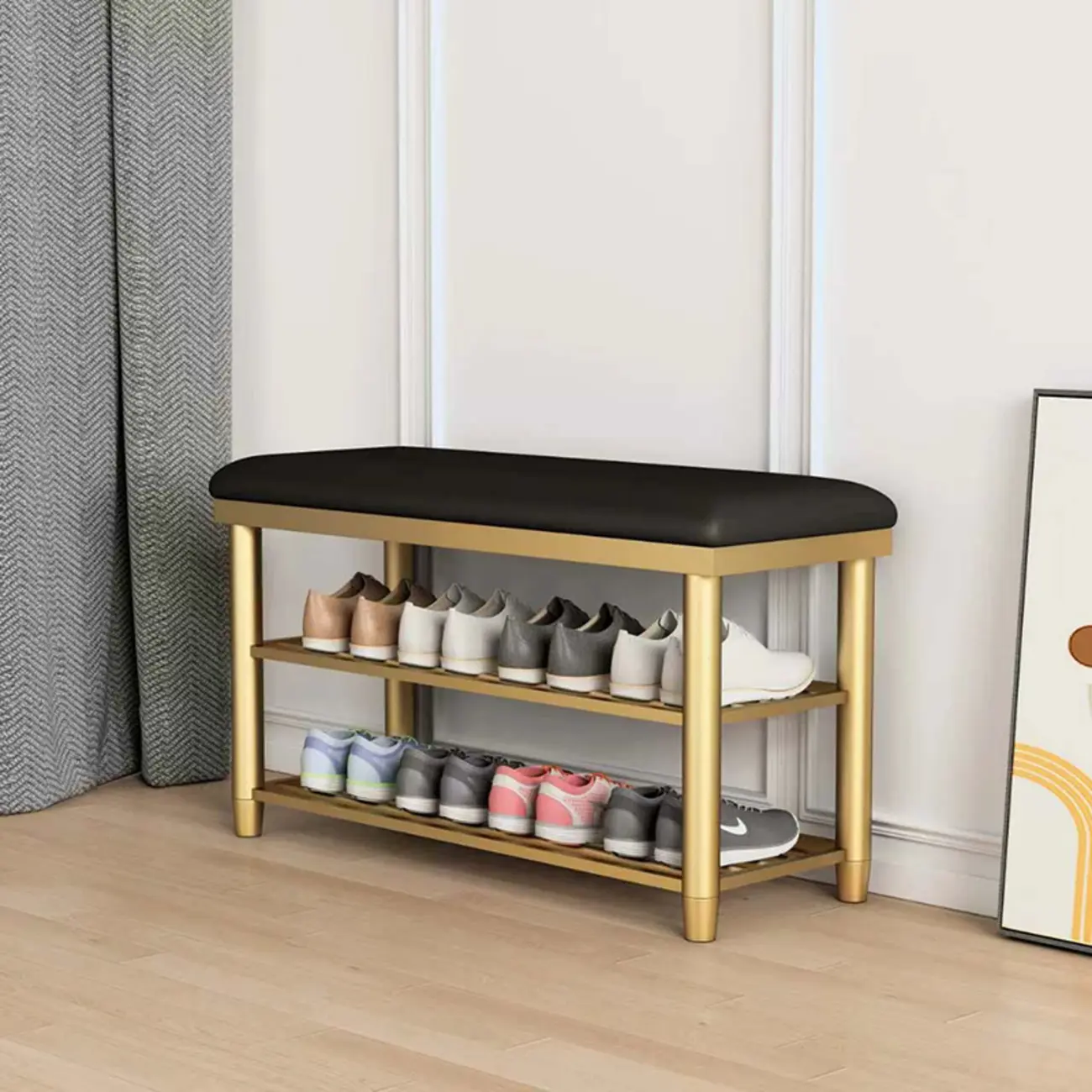 Modern Metal Entryway Shoe Storage Bench with Cushion Image - 2 | homeyfad