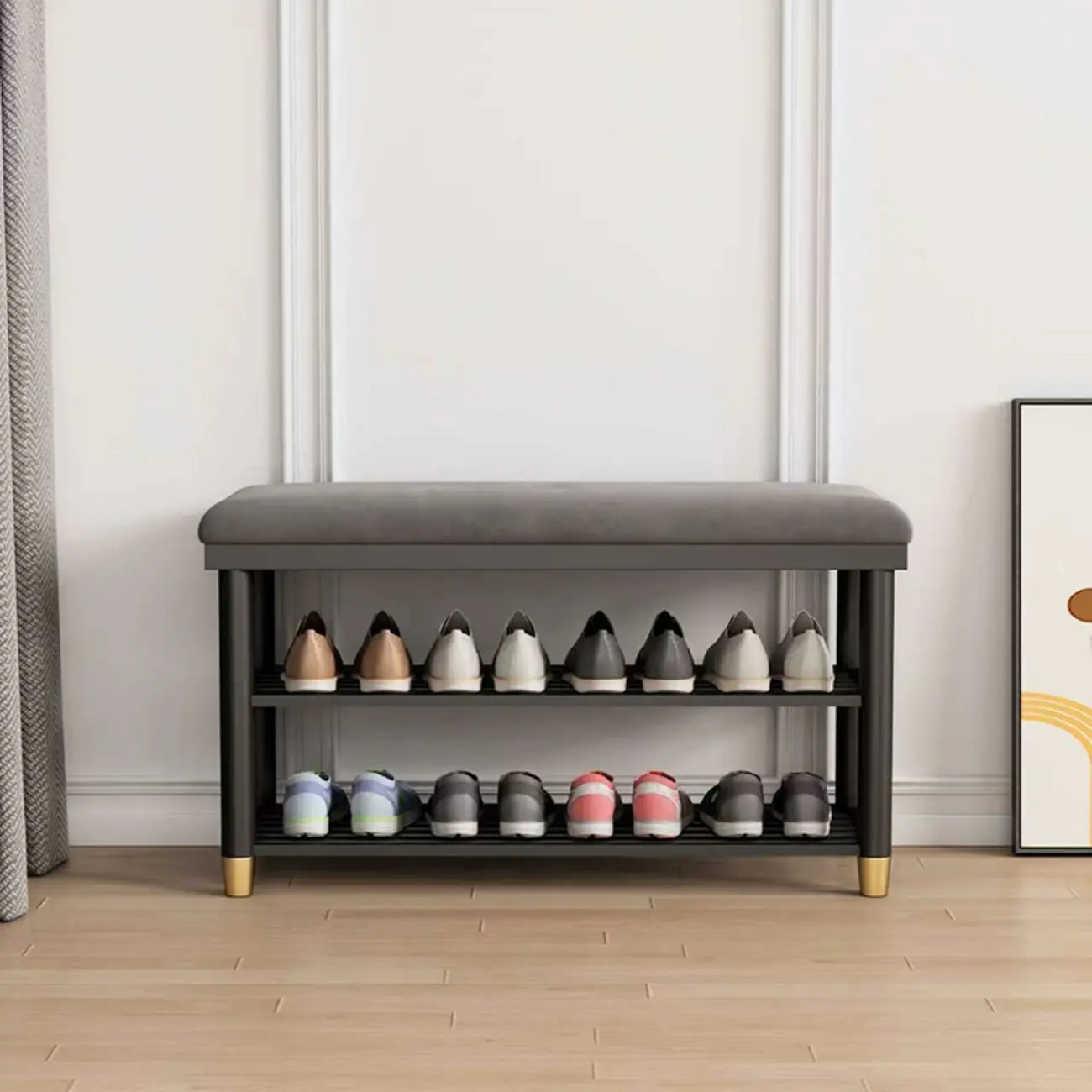 Modern Metal Entryway Shoe Storage Bench with Cushion Image - 4 | homeyfad
