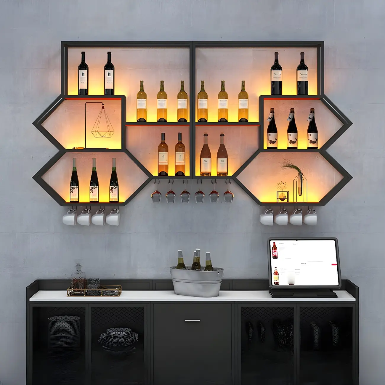 Black Metal Wall-Mounted Lighted Wine Rack Image - 1 | homeyfad