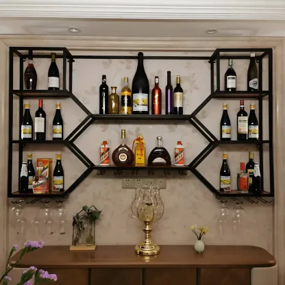 Black Metal Wall-Mounted Lighted Wine Rack Image - 5