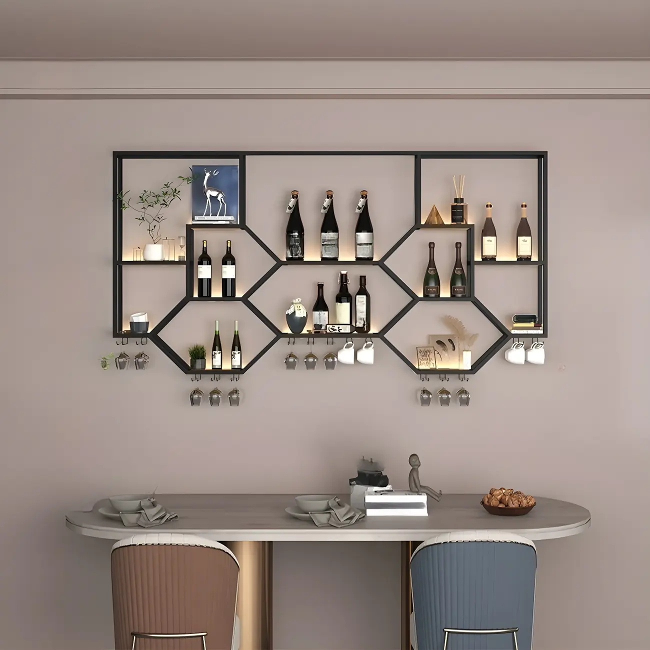 Black Metal Wall-Mounted Lighted Wine Rack Image - 6 | homeyfad