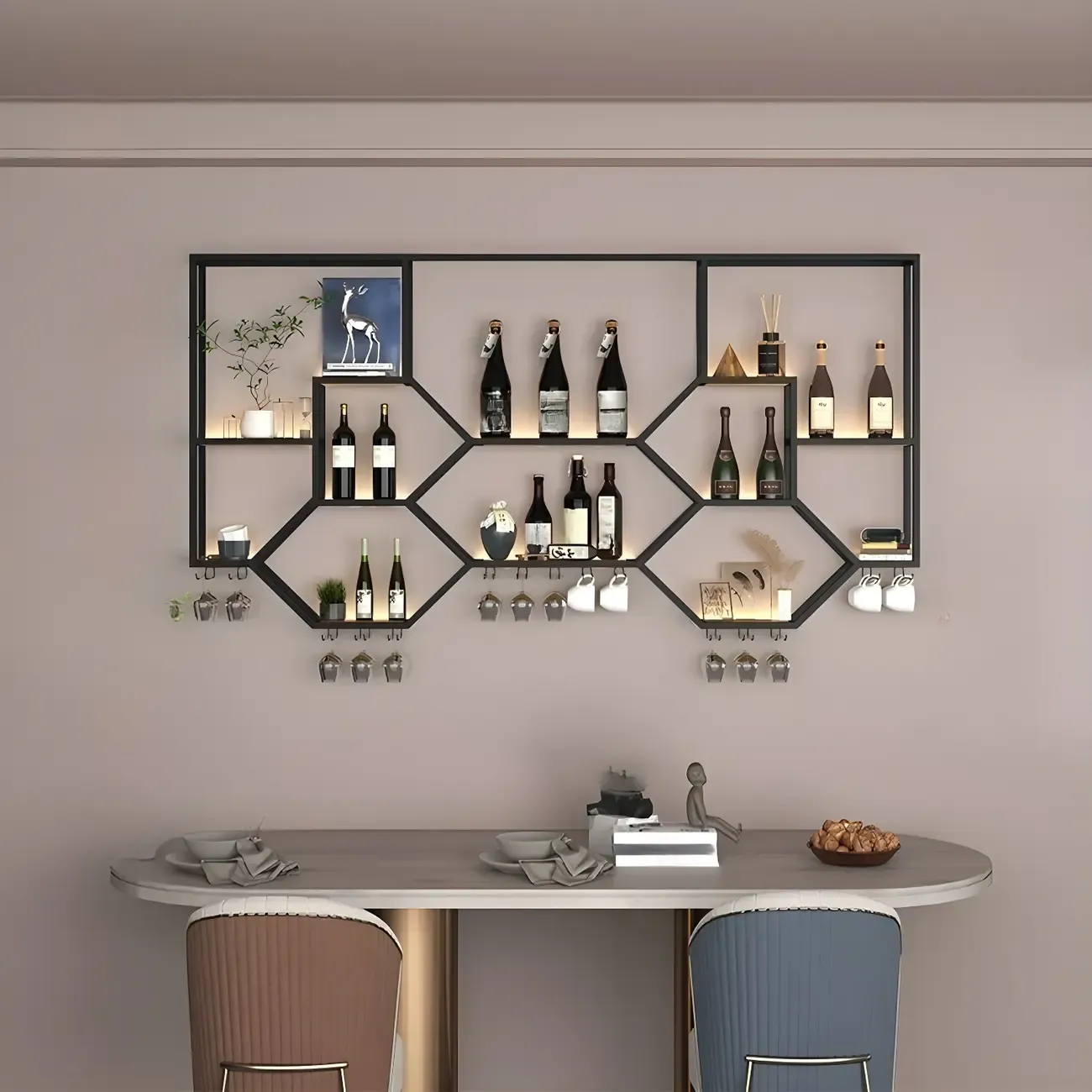 Black Metal Wall-Mounted Lighted Wine Rack Image - 6