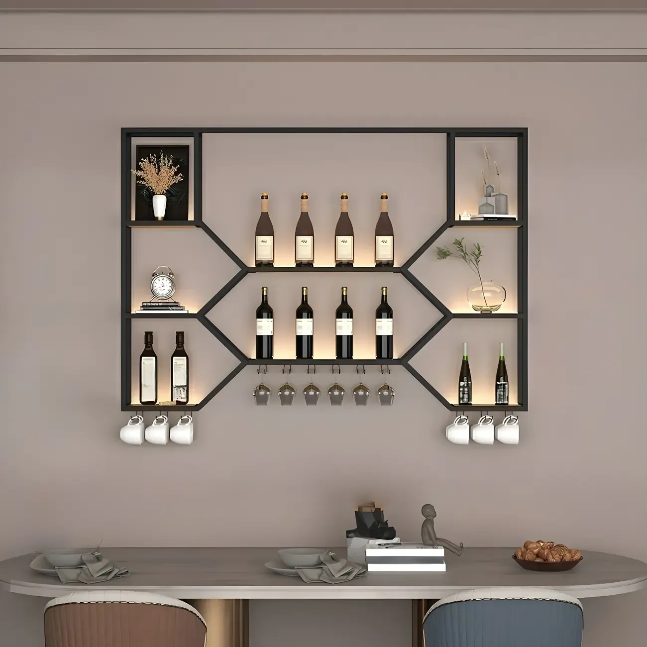 Black Metal Wall-Mounted Lighted Wine Rack | HomeyFad