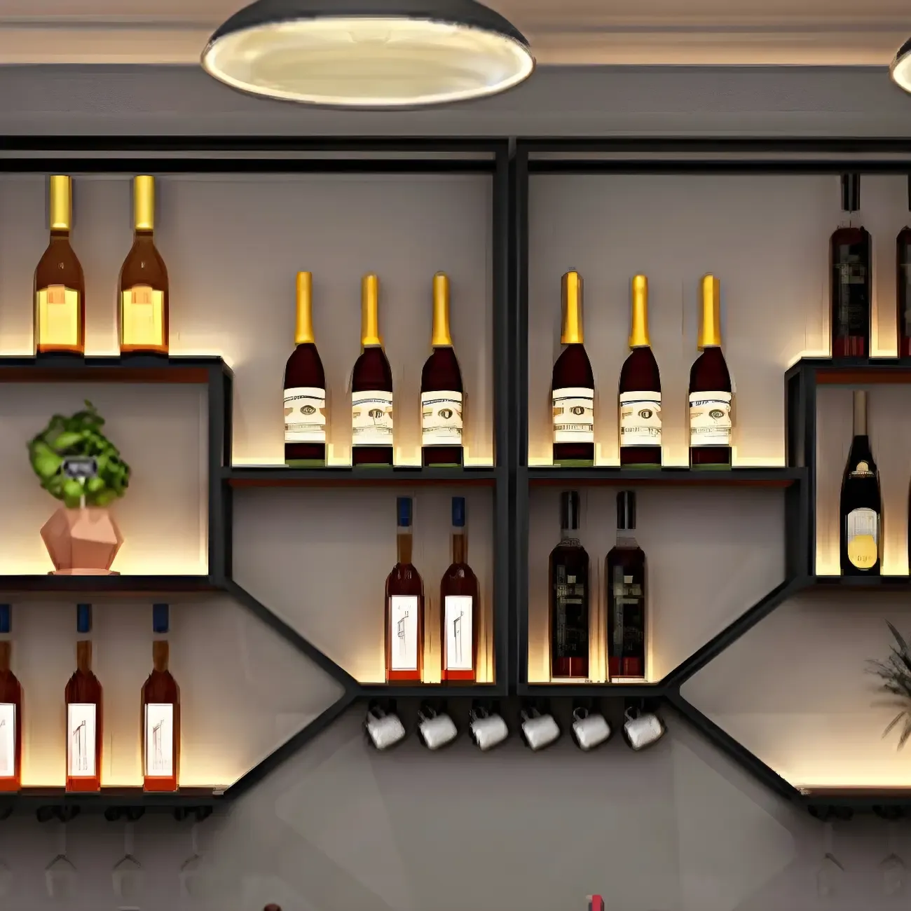 Black Metal Wall-Mounted Lighted Wine Rack Image - 11