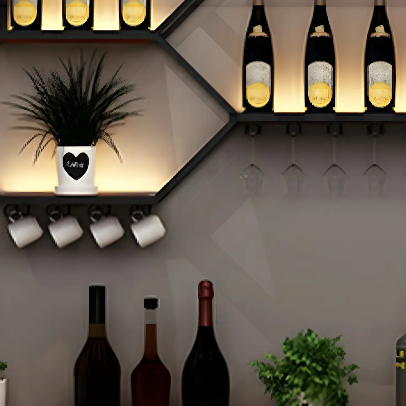 Black Metal Wall-Mounted Lighted Wine Rack Image - 12 | homeyfad