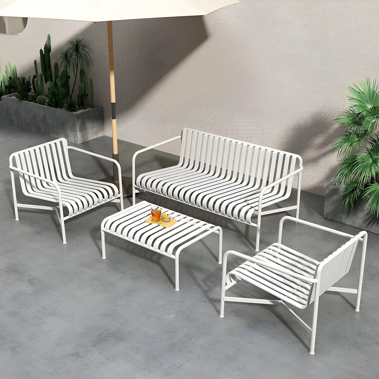 Modern White Iron Strip Outdoor Dining Chairs with Arms Image - 1 | homeyfad