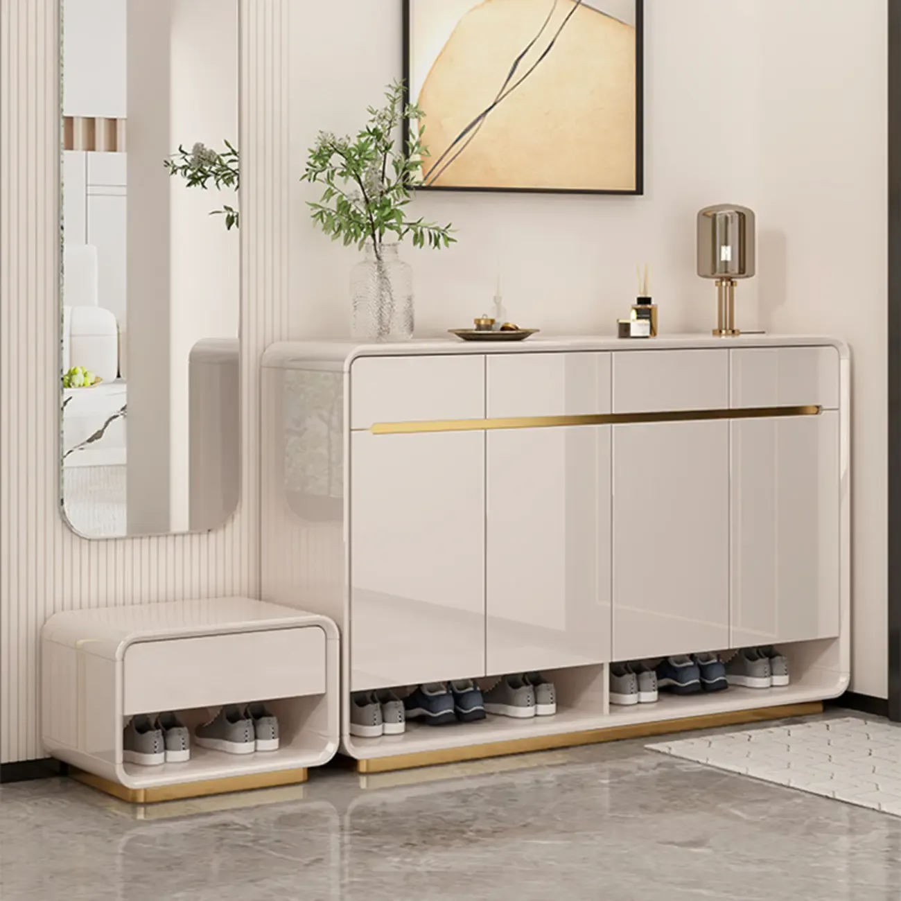 Glam Beige Solid Wood Shoe Cabinet with Display Top Image - 3