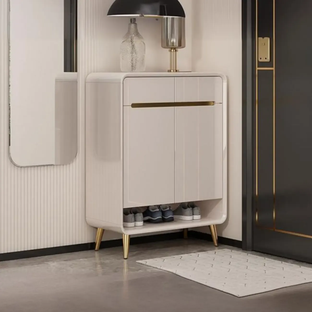 Glam Beige Solid Wood Shoe Cabinet with Display Top | HomeyFad