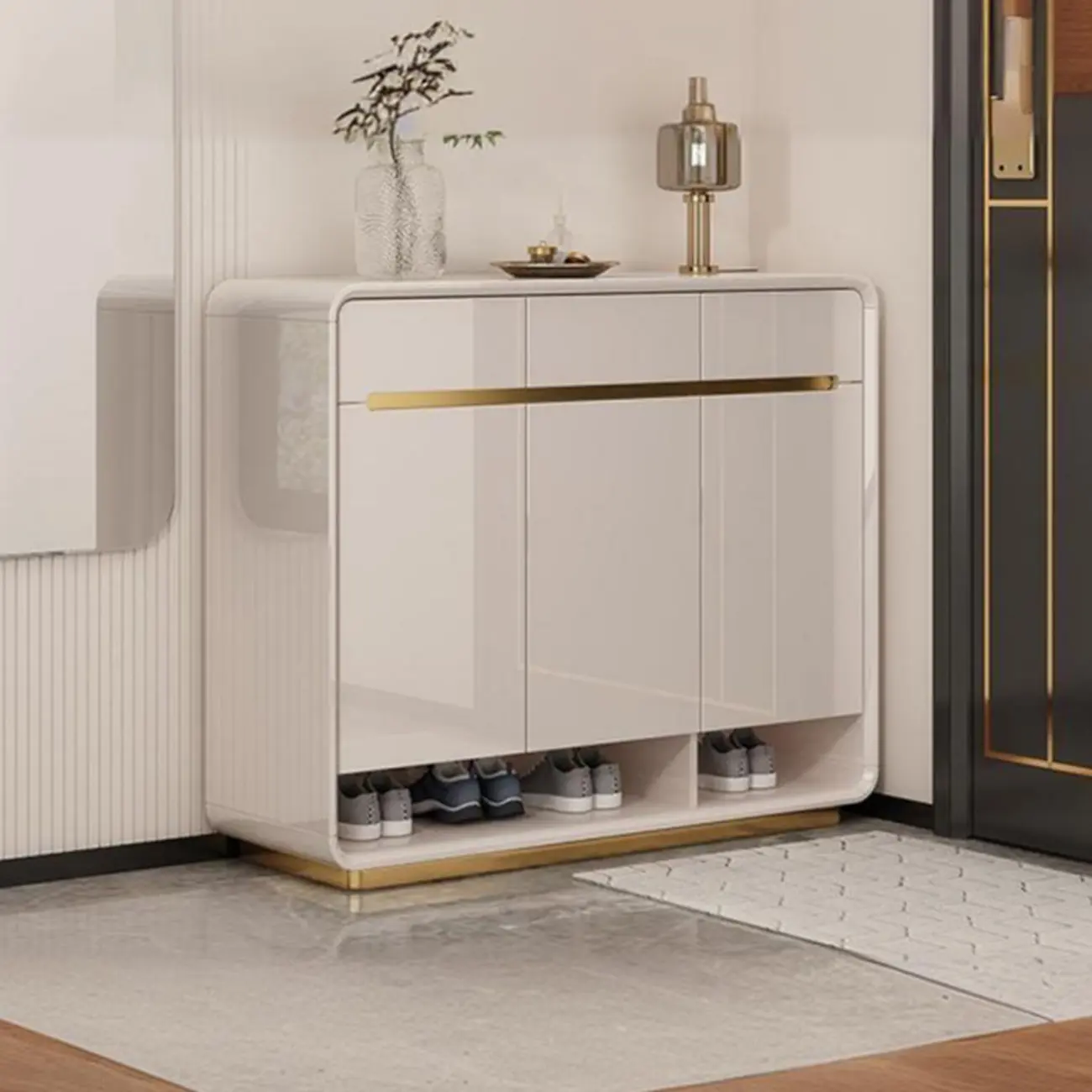 Glam Beige Solid Wood Shoe Cabinet with Display Top Image - 6 | homeyfad