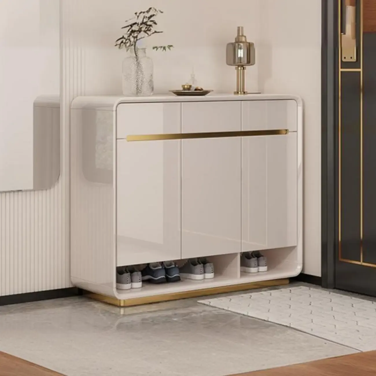 Glam Beige Solid Wood Shoe Cabinet with Display Top Image - 6