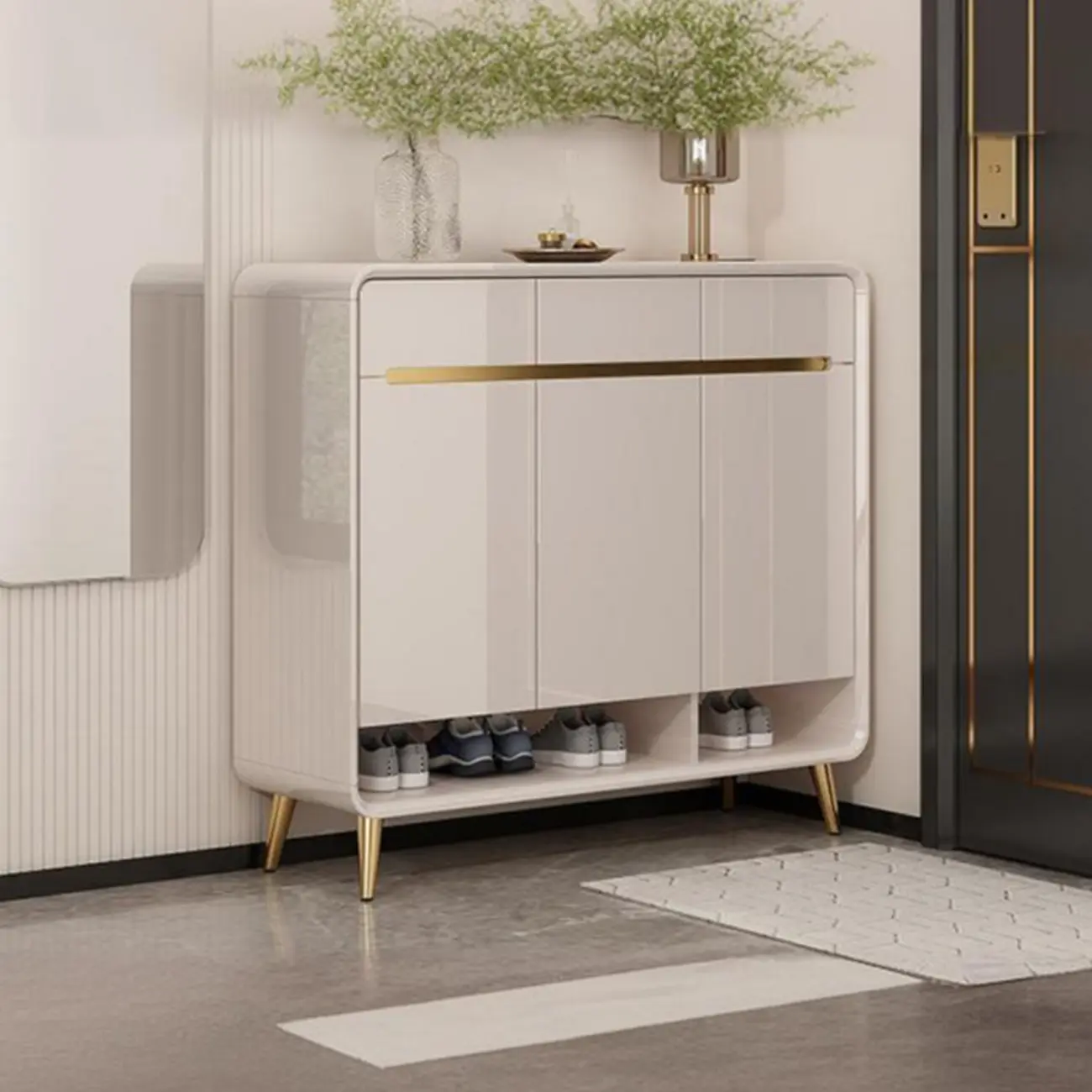 Glam Beige Solid Wood Shoe Cabinet with Display Top Image - 7 | homeyfad