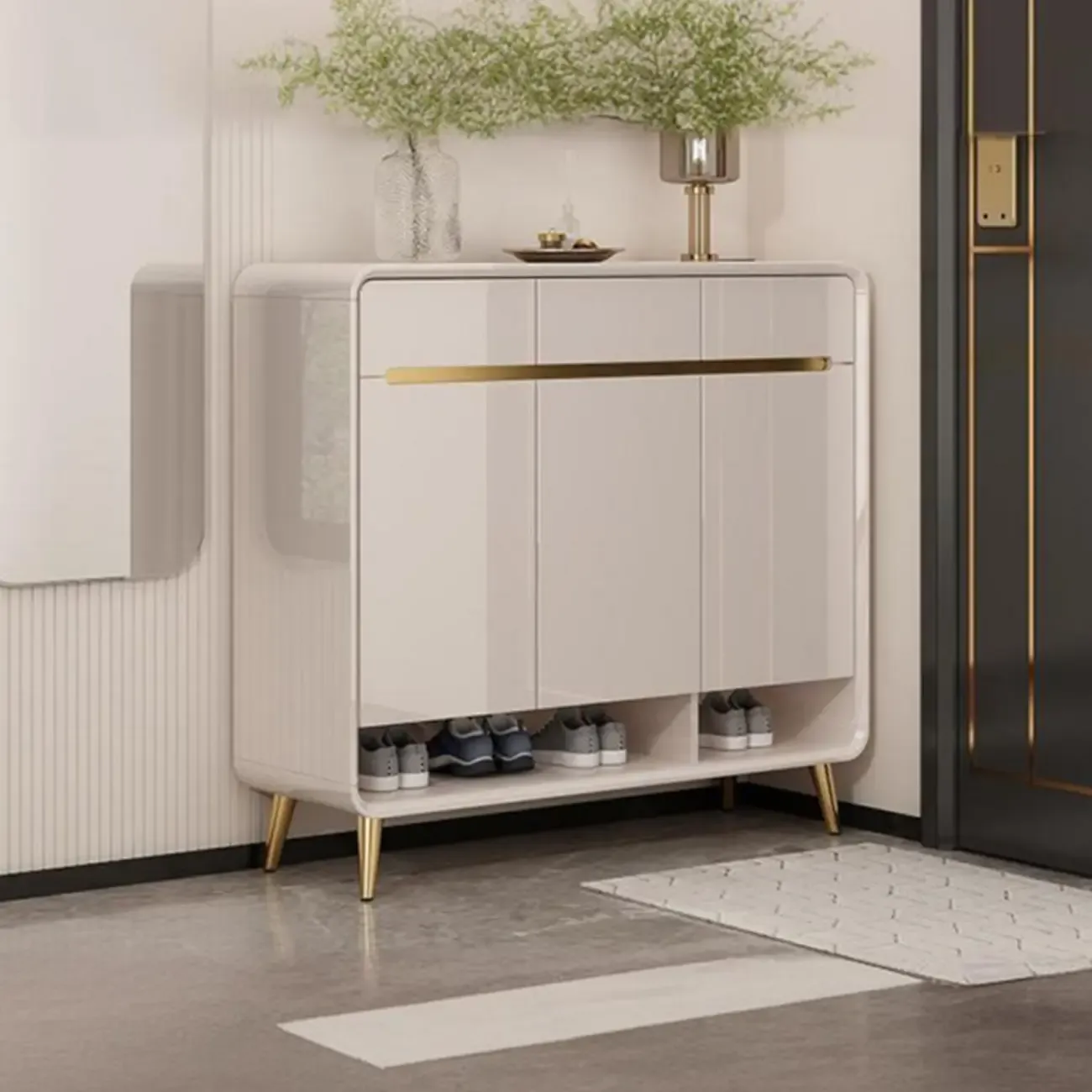 Glam Beige Solid Wood Shoe Cabinet with Display Top Image - 7