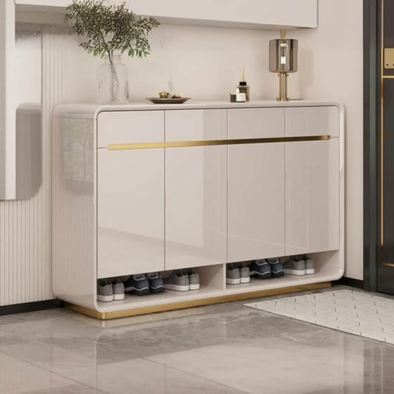 Glam Beige Solid Wood Shoe Cabinet with Display Top Image - 9