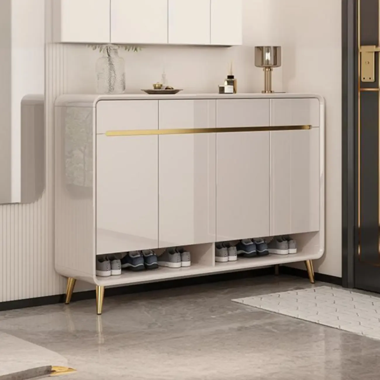 Glam Beige Solid Wood Shoe Cabinet with Display Top Image - 11