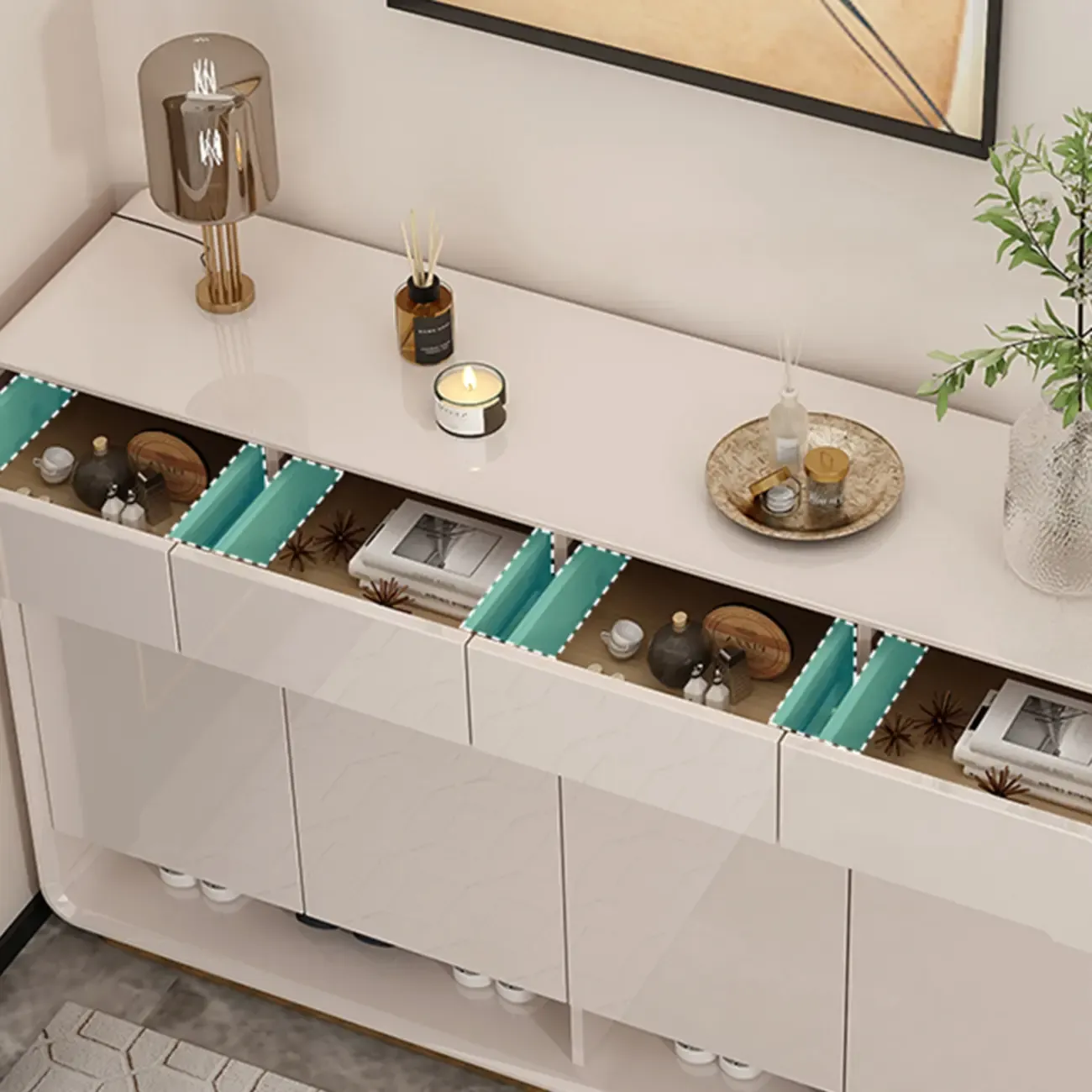 Glam Beige Solid Wood Shoe Cabinet with Display Top Image - 14