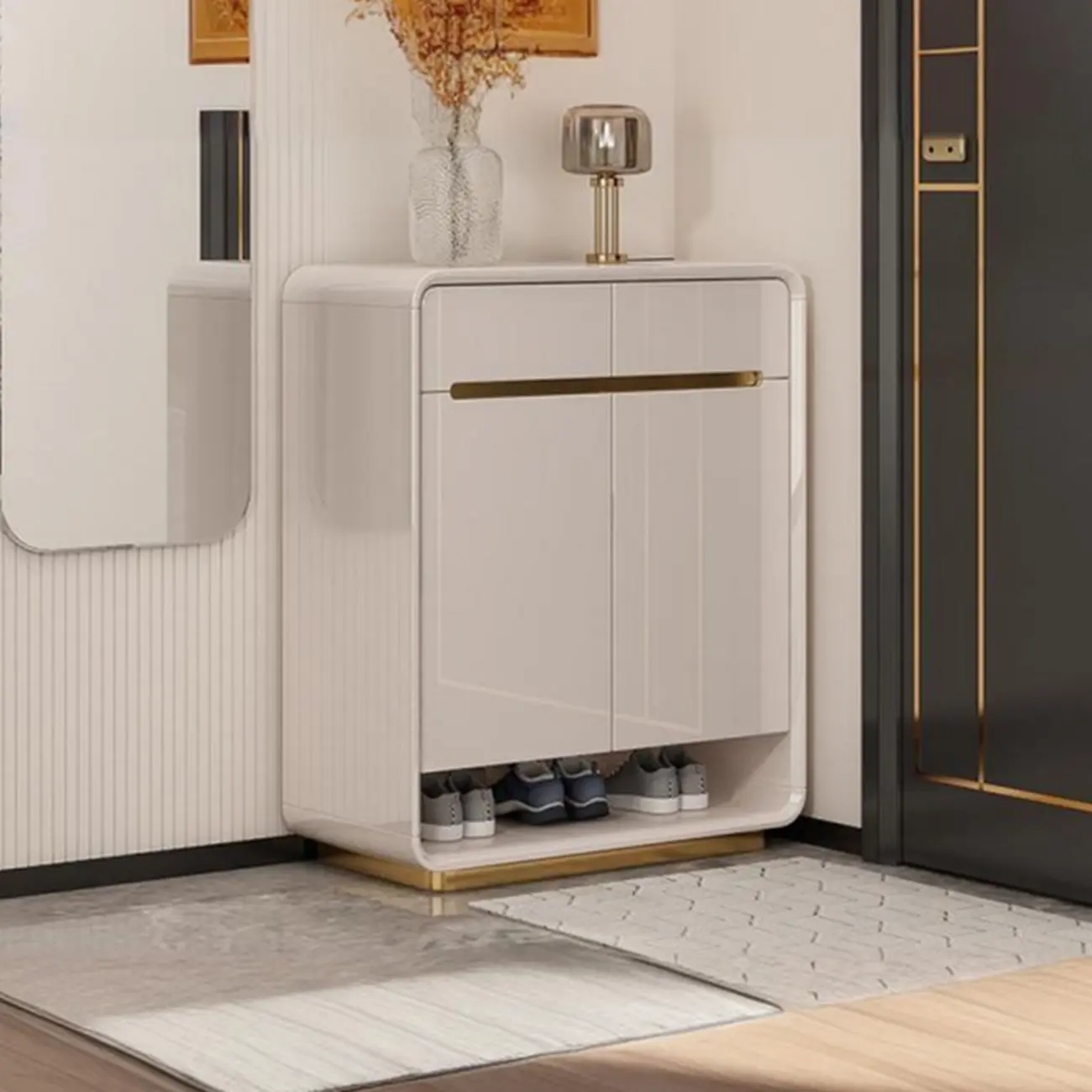 Glam Beige Solid Wood Shoe Cabinet with Display Top Image - 16 | homeyfad