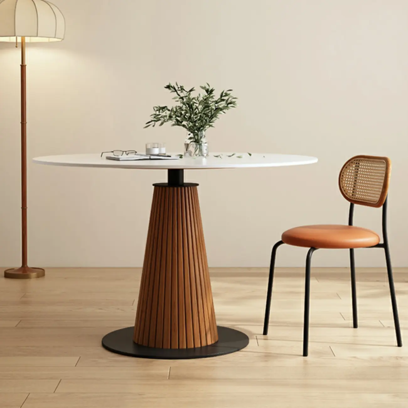 Scandinavian White Stone Brown Wood Round Dining Table Image - 1 | homeyfad