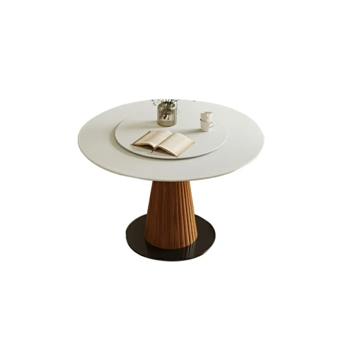Scandinavian White Stone Brown Wood Round Dining Table Image - 2