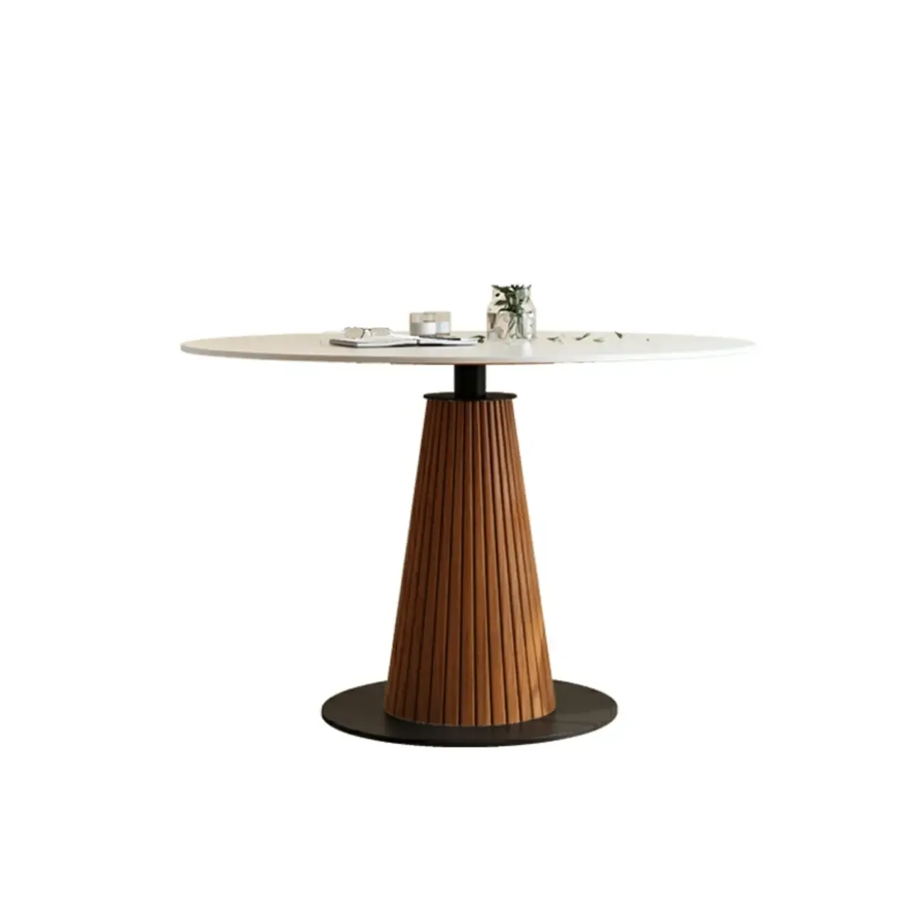 Scandinavian White Stone Brown Wood Round Dining Table Image - 3
