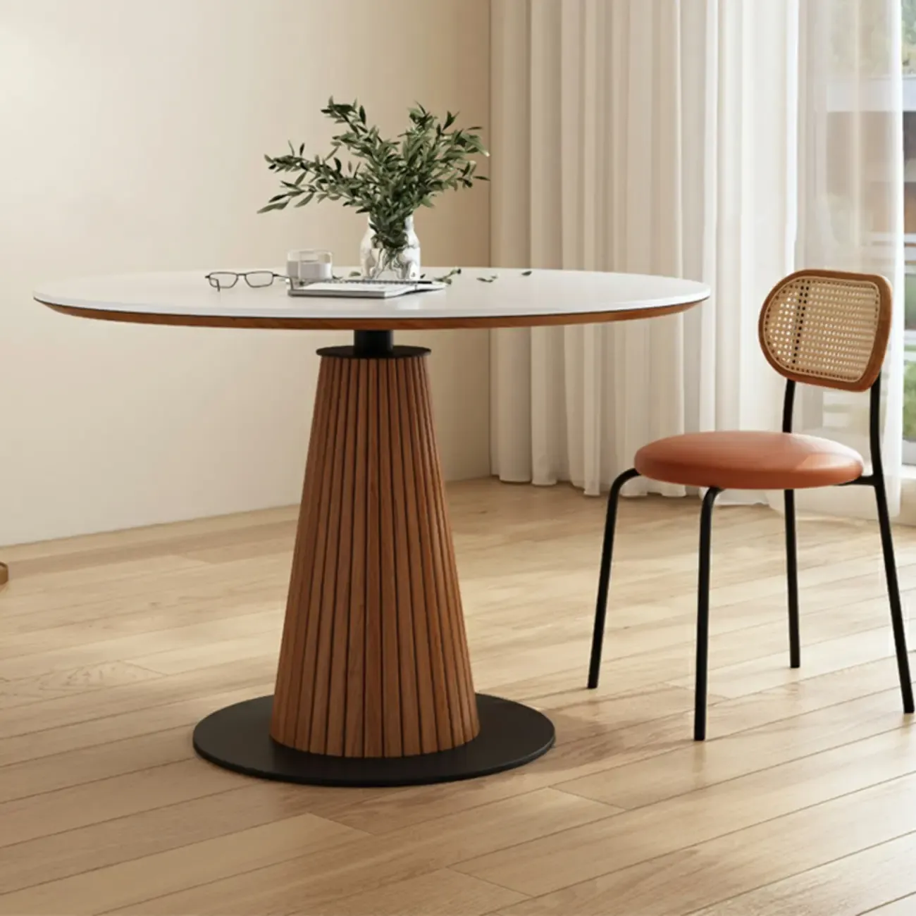 Scandinavian White Stone Brown Wood Round Dining Table Image - 4