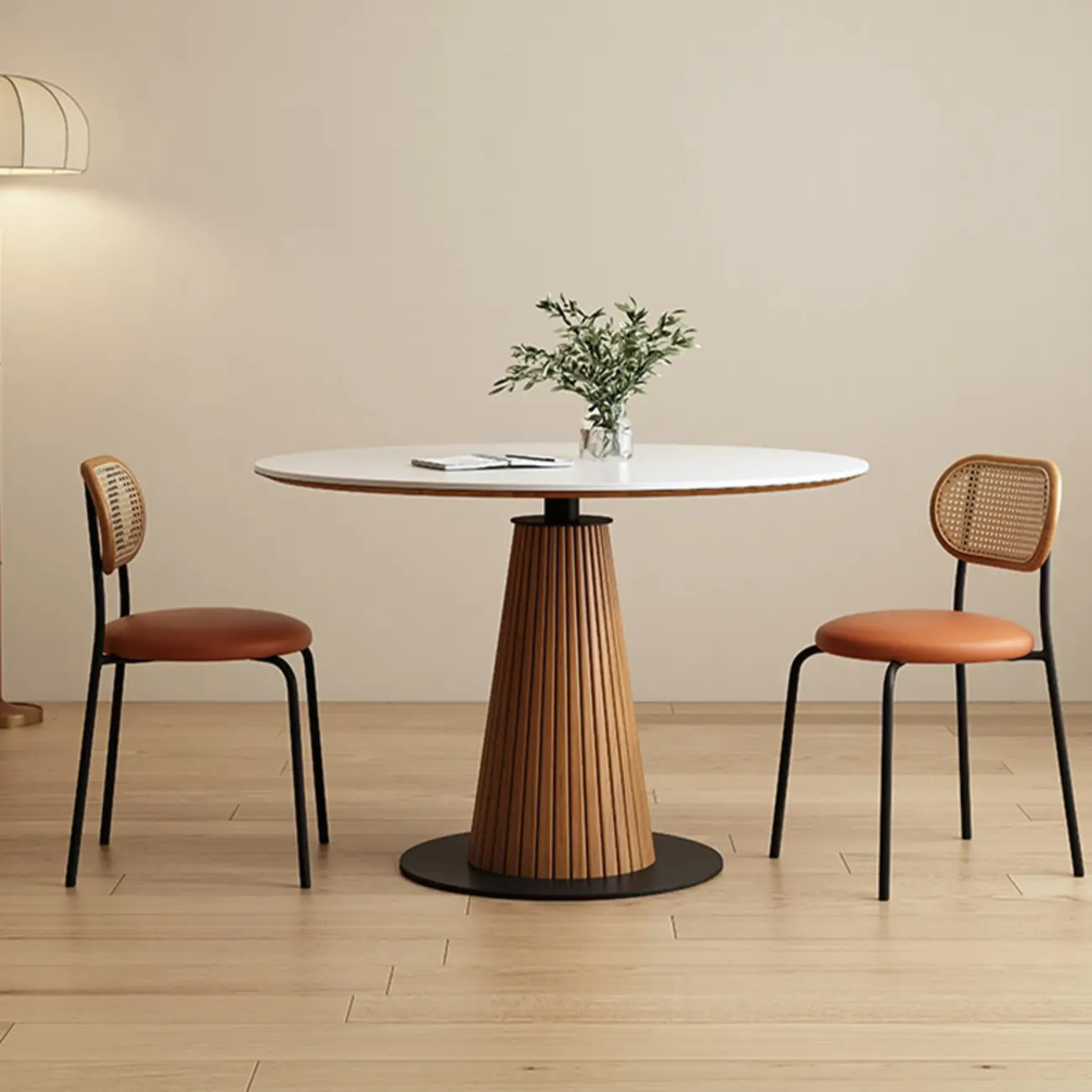 Scandinavian White Stone Brown Wood Round Dining Table Image - 5 | homeyfad
