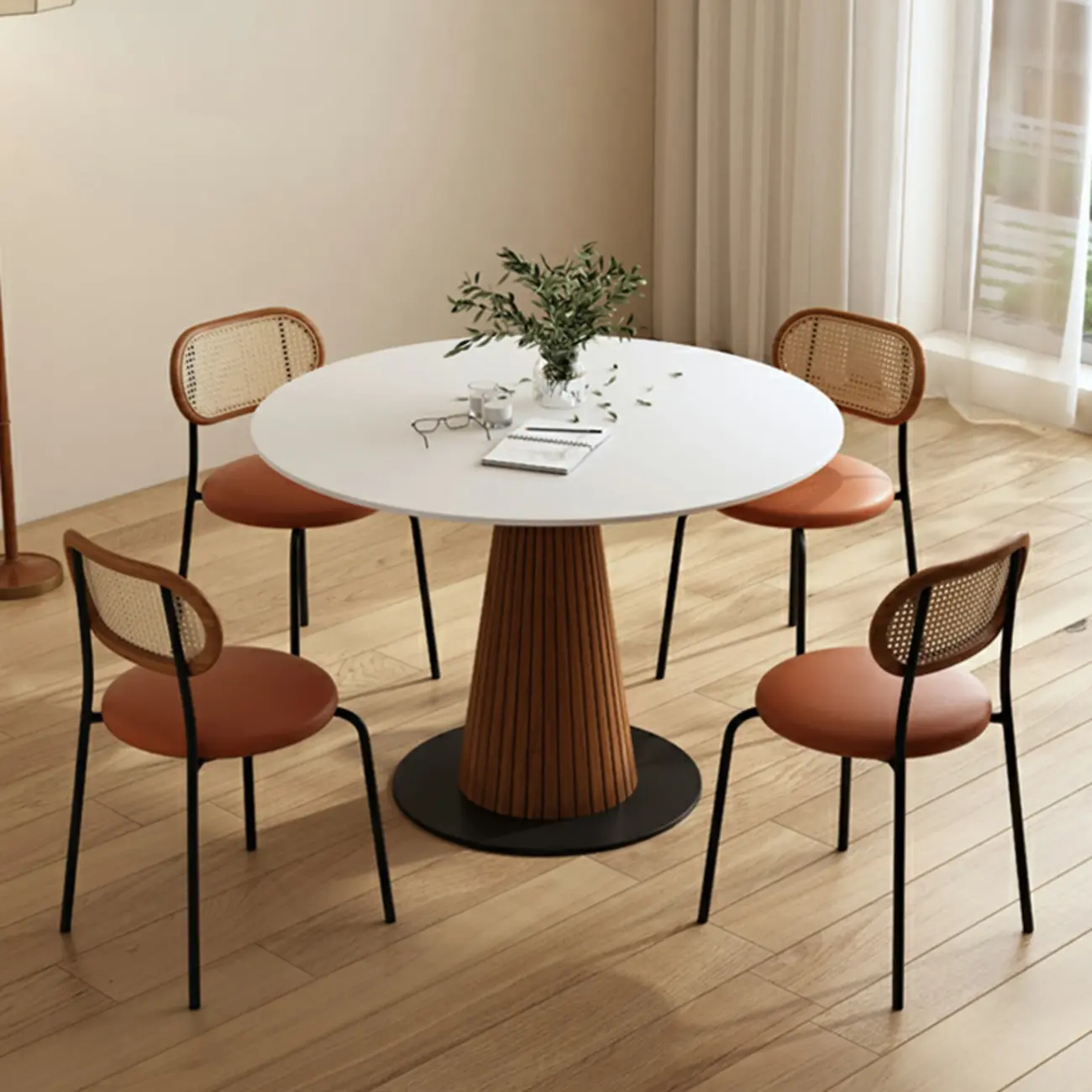 Scandinavian White Stone Brown Wood Round Dining Table Image - 6 | homeyfad