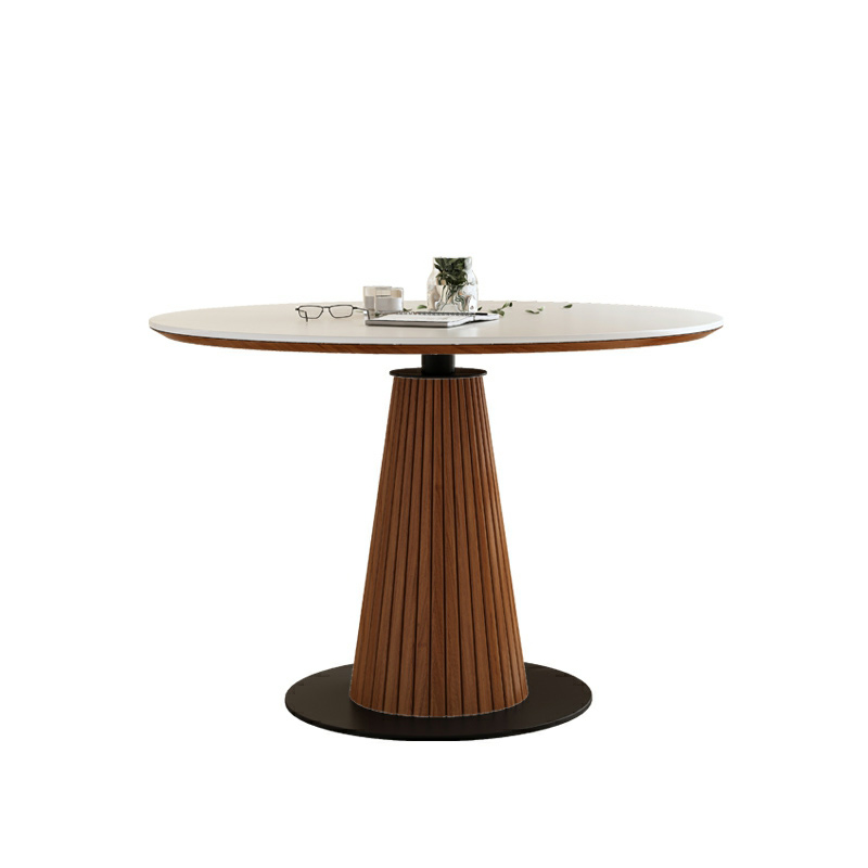 Scandinavian White Stone Brown Wood Round Dining Table | homeyfad