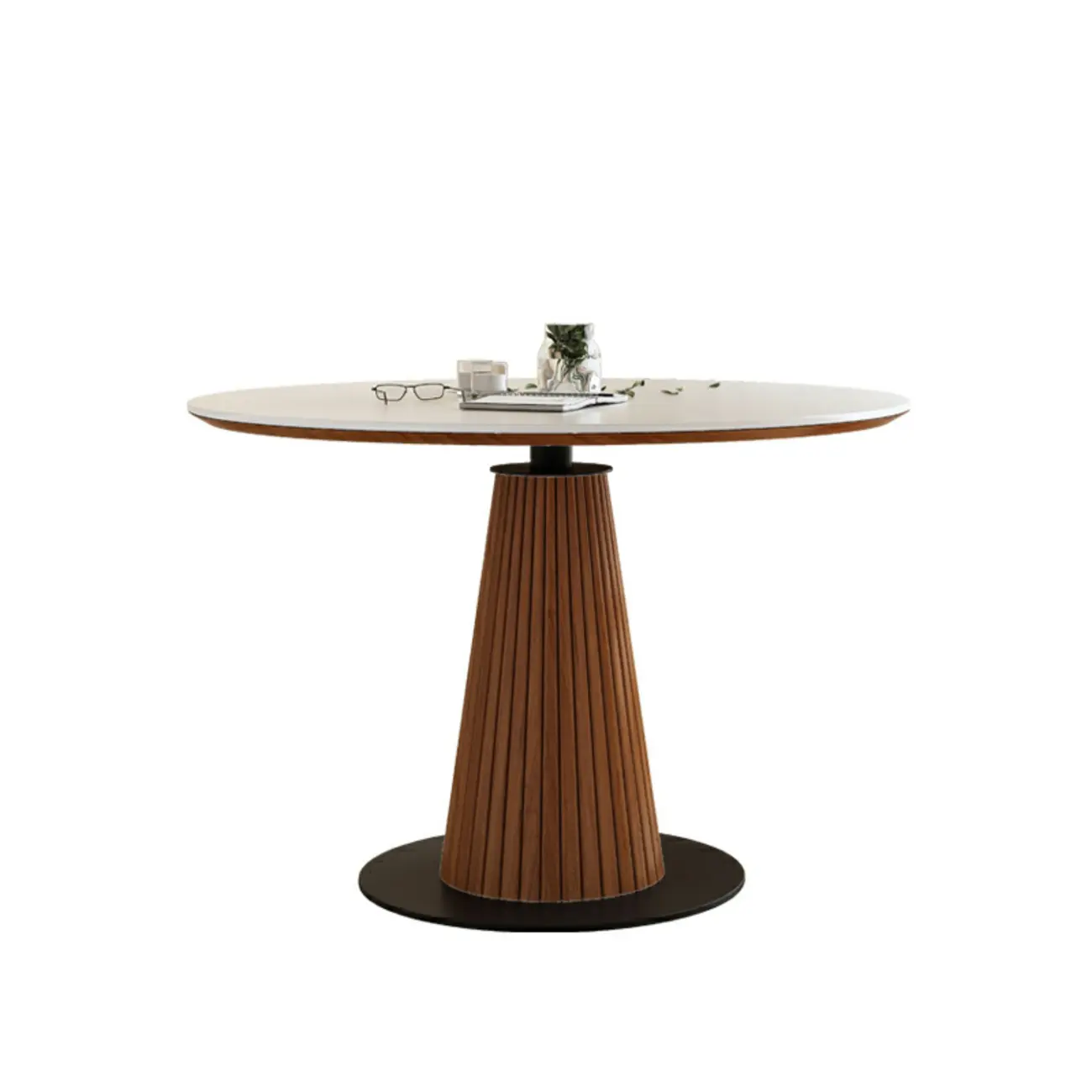 Scandinavian White Stone Brown Wood Round Dining Table Image - 7 | homeyfad