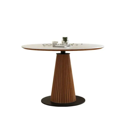 Scandinavian White Stone Brown Wood Round Dining Table Image - 7
