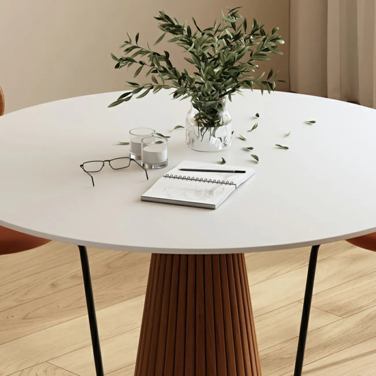 Scandinavian White Stone Brown Wood Round Dining Table Image - 9 | homeyfad