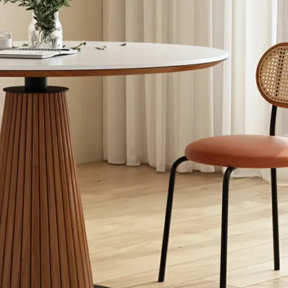 Scandinavian White Stone Brown Wood Round Dining Table Image - 10