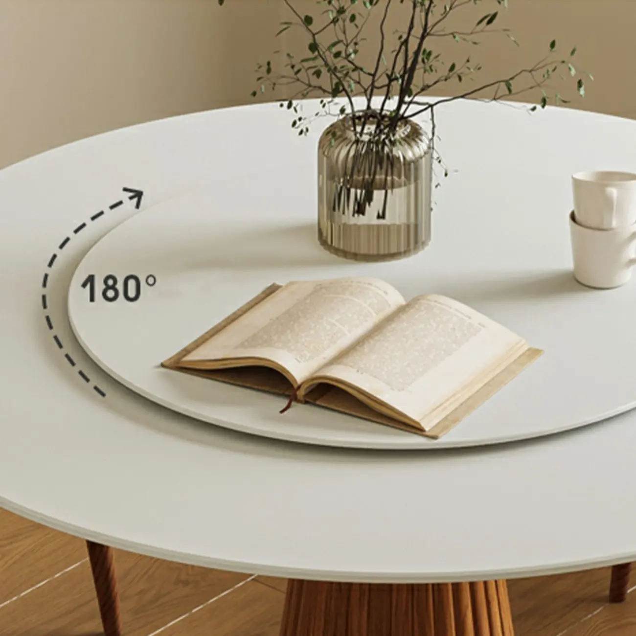Scandinavian White Stone Brown Wood Round Dining Table Image - 11 | homeyfad