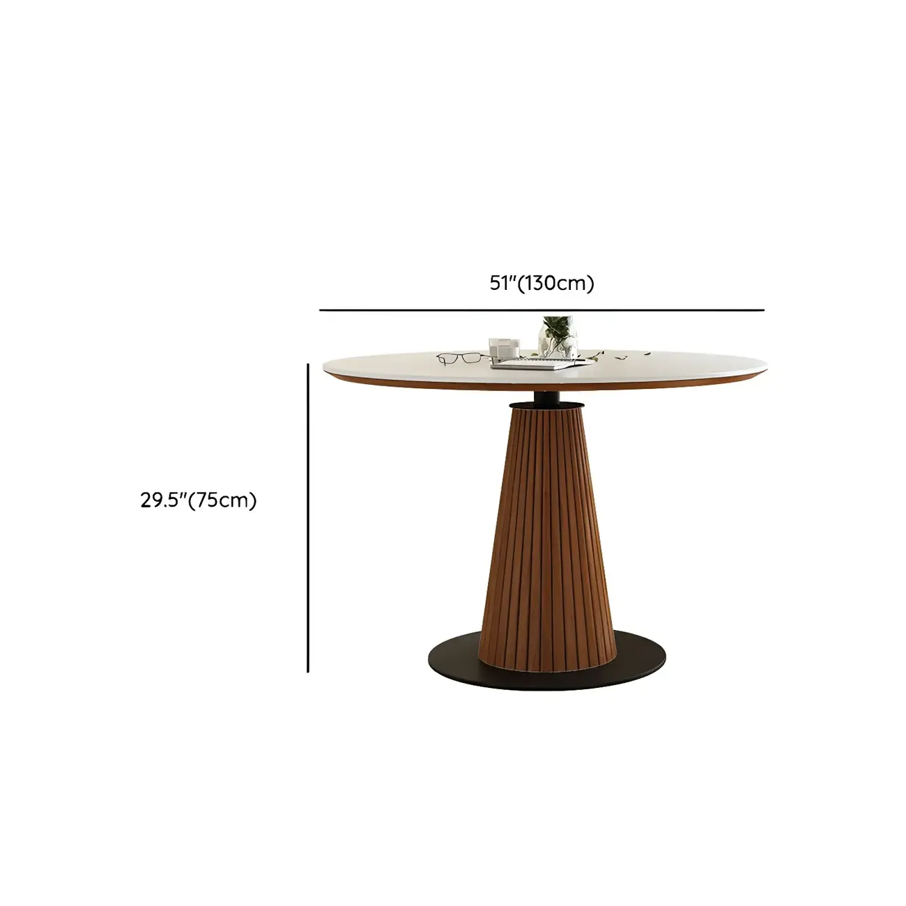 Scandinavian White Stone Brown Wood Round Dining Table Image - 16