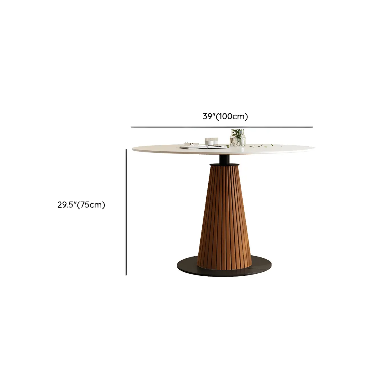 Scandinavian White Stone Brown Wood Round Dining Table Image - 19 | homeyfad