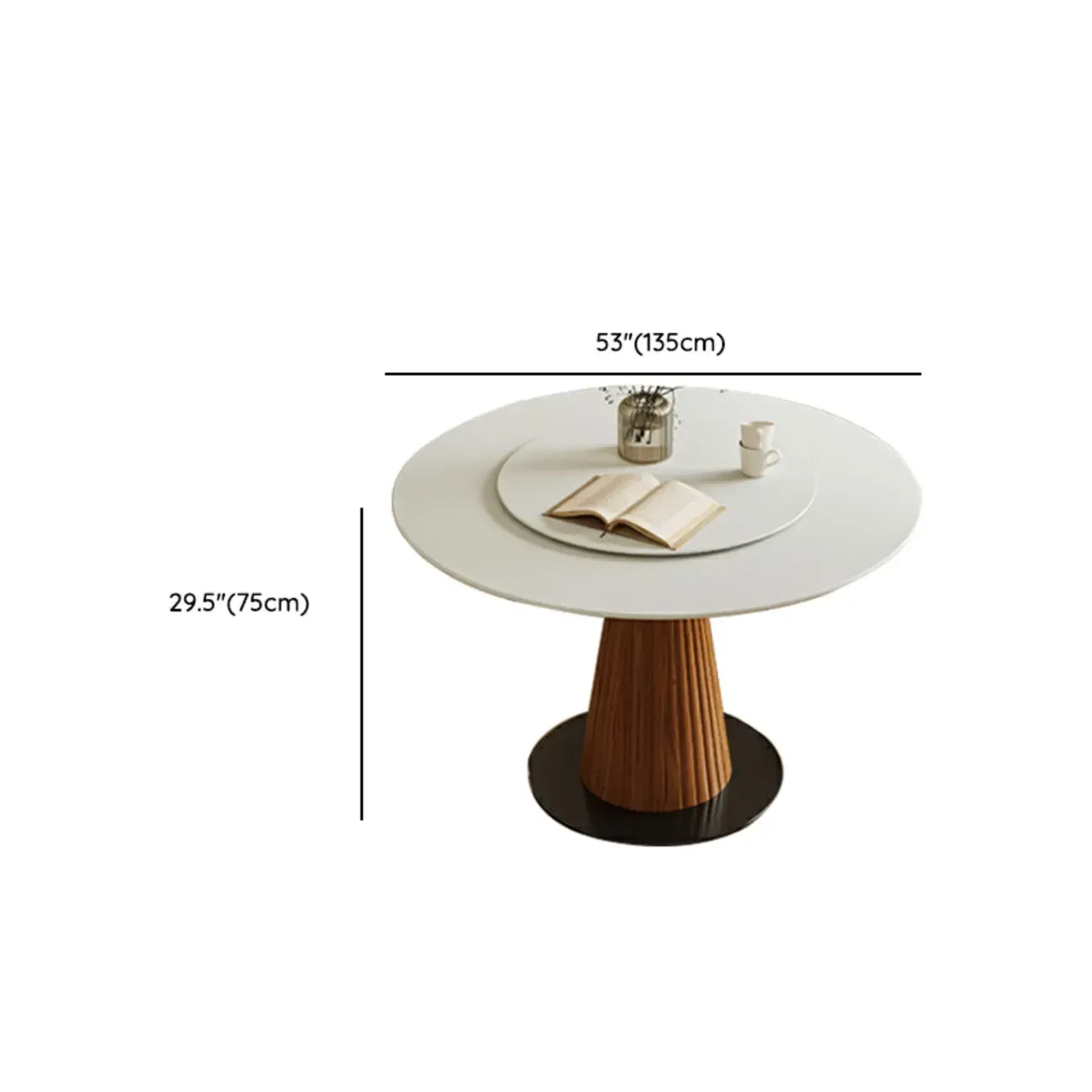 Scandinavian White Stone Brown Wood Round Dining Table Image - 26