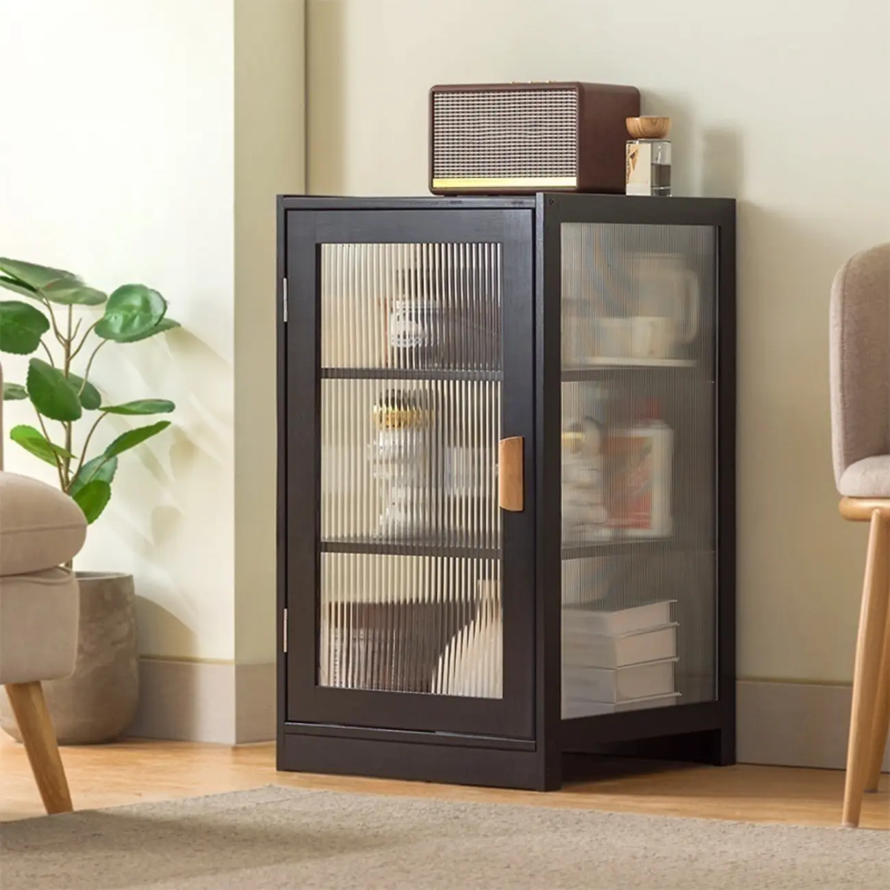 Narrow Adjustable Scandinavian Bamboo Glass Curio Cabinet Image - 6 | homeyfad