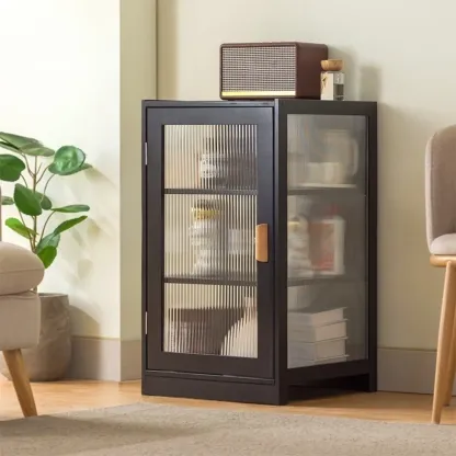 Narrow Adjustable Scandinavian Bamboo Glass Curio Cabinet Image - 6