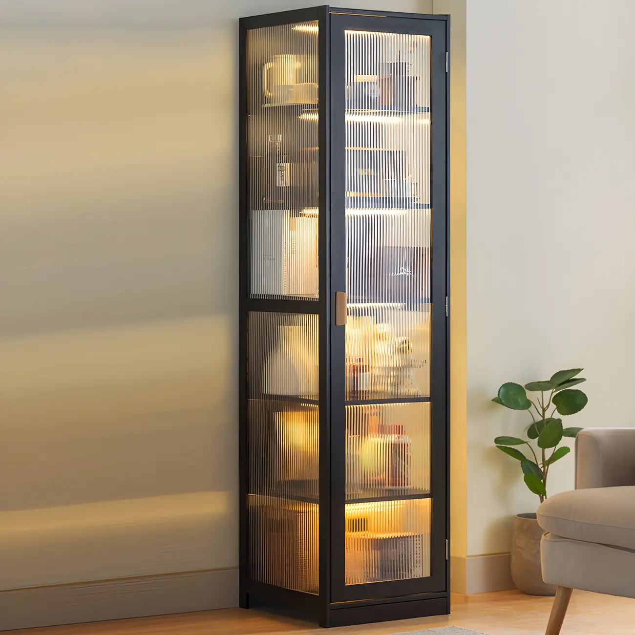 Narrow Adjustable Scandinavian Bamboo Glass Curio Cabinet Image - 8 | homeyfad