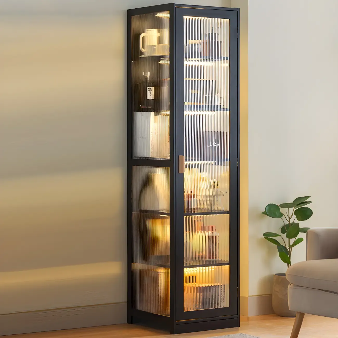 Narrow Adjustable Scandinavian Bamboo Glass Curio Cabinet Image - 8
