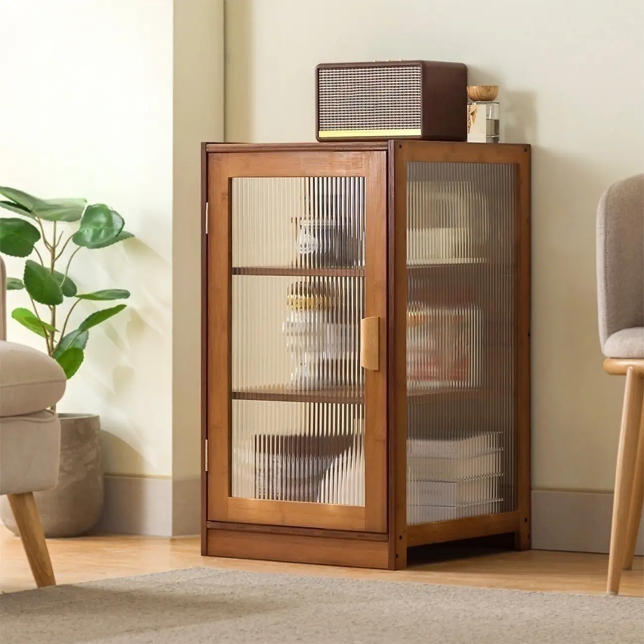 Narrow Adjustable Scandinavian Bamboo Glass Curio Cabinet Image - 5 | homeyfad