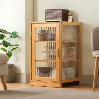 Narrow Adjustable Scandinavian Bamboo Glass Curio Cabinet Image - 4