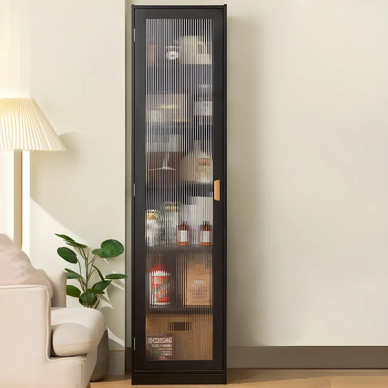 Narrow Adjustable Scandinavian Bamboo Glass Curio Cabinet Image - 3