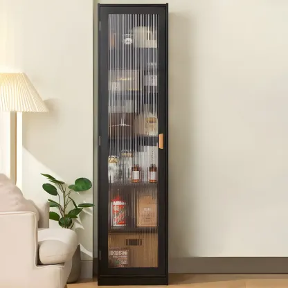 Narrow Adjustable Scandinavian Bamboo Glass Curio Cabinet Image - 3