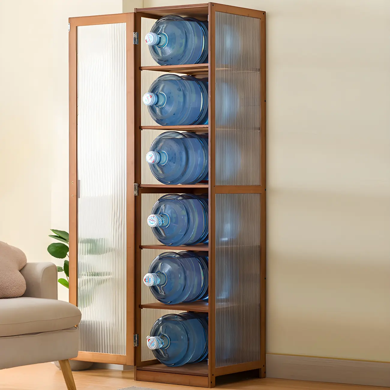 Narrow Adjustable Scandinavian Bamboo Glass Curio Cabinet Image - 2 | homeyfad