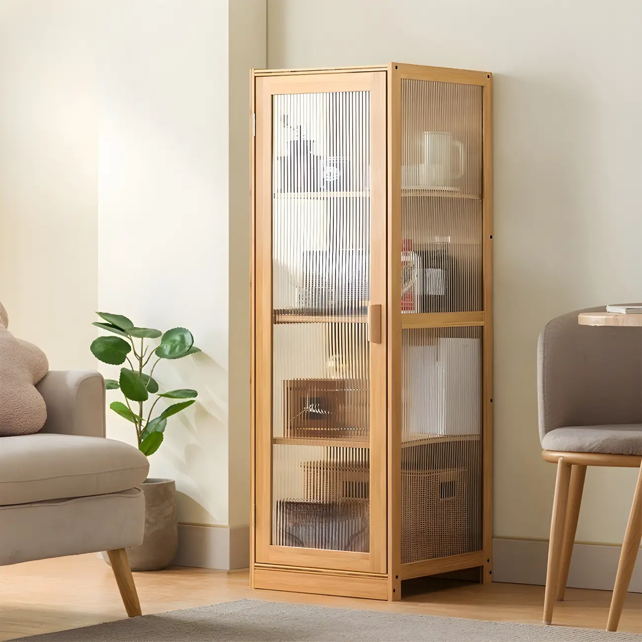 Narrow Adjustable Scandinavian Bamboo Glass Curio Cabinet Image - 12 | homeyfad