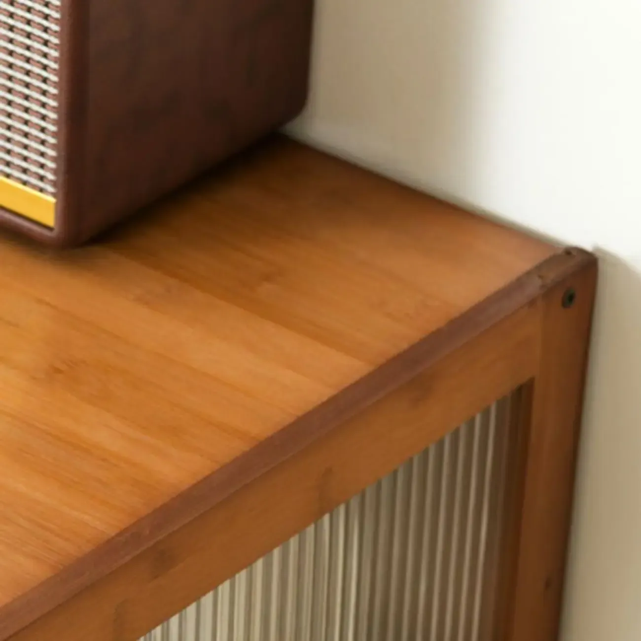 Narrow Adjustable Scandinavian Bamboo Glass Curio Cabinet Image - 16