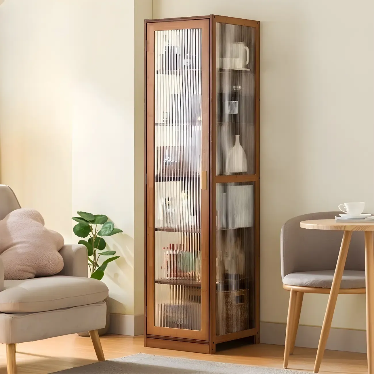 Narrow Adjustable Scandinavian Bamboo Glass Curio Cabinet Image - 14