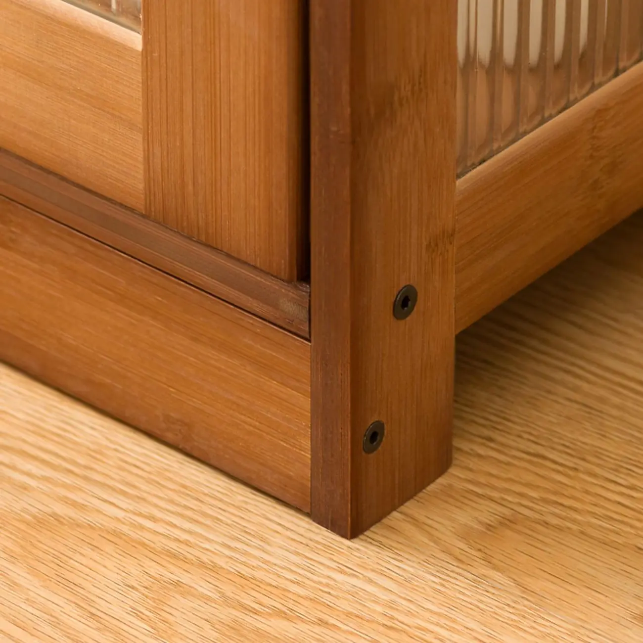 Narrow Adjustable Scandinavian Bamboo Glass Curio Cabinet Image - 9 | homeyfad